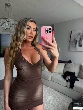 Windsor Brown Halter Mini Dress with Grommet Detail